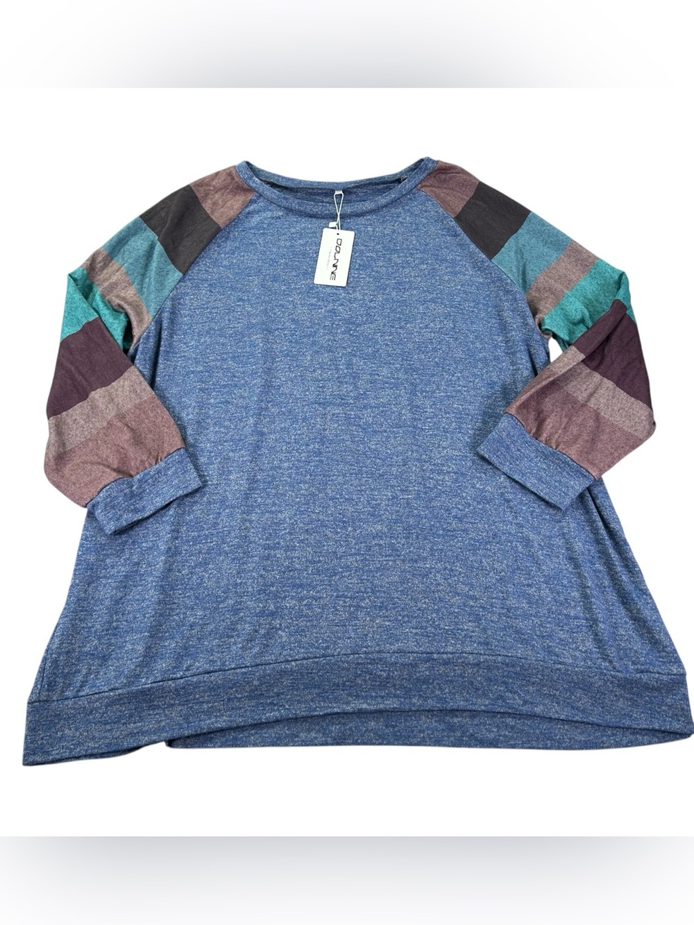 DOLNINE Plus Size 24W 3X Tunic Top Heather Blue Colorblock Raglan Sleeve NWT